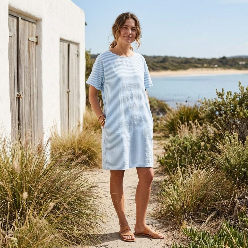 LA RELAXED Linen Dress Medium Blue White Stripe Organic Cotton Nautical Coastal
